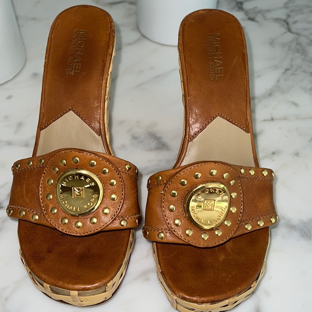 Michael by Michael Kors mule wicker wedge with gold detail